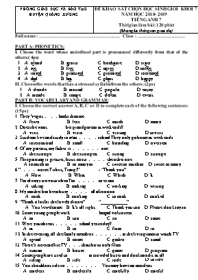 Đề khảo sát chọn học sinh giỏi môn Tiếng Anh Lớp 7 - Năm học 2018-2019 - Phòng giáo dục và đào tạo huyện Quảng Xương (Có đáp án)
